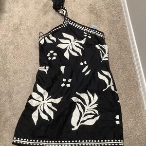 Loft 12 petite halter linen black and white tropical flower dress new